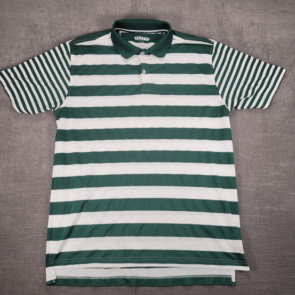 Tabasco Sport Striped Polo Shirt Short Sleeve Dry Fit Golf Casual Size Large